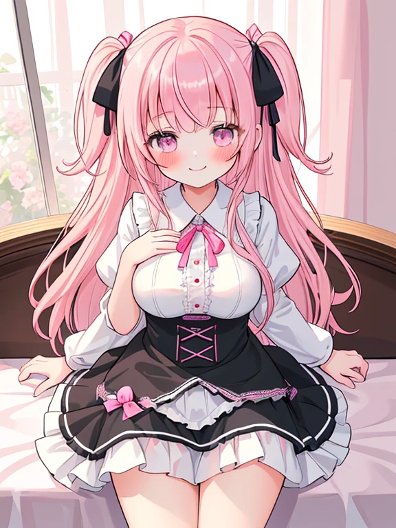 Highest quality、Shiny silk short sleeve puff sleeve pink maid outfit、See-through、Very short skirt、Giant ribbon、A short white ruffled apron、Garter belt with ribbon、Pink high heels with ribbon、Large headband with ribbon、Flushed Cheeks、Embarrassed look、Pure white underwear、Pull up your skirt、Raindrops、storm、Stand on a chair and stretch、Looking up from directly below