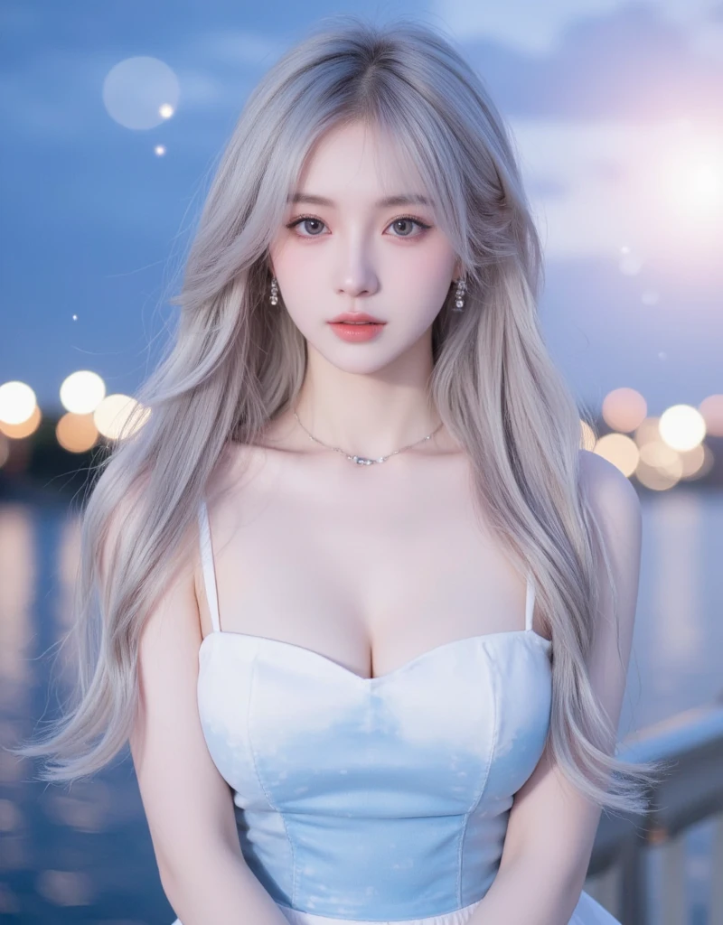anime girl with long white hair and yellow eyes standing in front of a body of water, Tifa Lockhart con el by white, by white deity, with long white hair, ((a beautiful fantasy empress)), with long white hair, el portrait de la Little girl dragón, portrait, Knights of the Zodiac, , by white, perfect by white girl, chica con by white, jisoo from blackpink, popular south korean makeup, quality detailed ,(beautiful makeup :1.2), wide hips, Big, Big ass, (best quality, 8k, masterpiece: 1.3), clear focus: 1.2, Perfect body beauty: 1.4, strong abs, Very detailed face and skin texture. , detailed eyes, double eyelids, (long hair), Having very marked curves, with greater volume in ((hips and breasts)), which makes the waist look much smaller ((wasp waist)).(masterpiece, top quality, Best Quality, official art, depth of field, Beauty: 1.2), pinnacle rendering, Realistic representation, (1 girl), extreme detail, showy, supreme detail, official art, 8k unified wallpaper