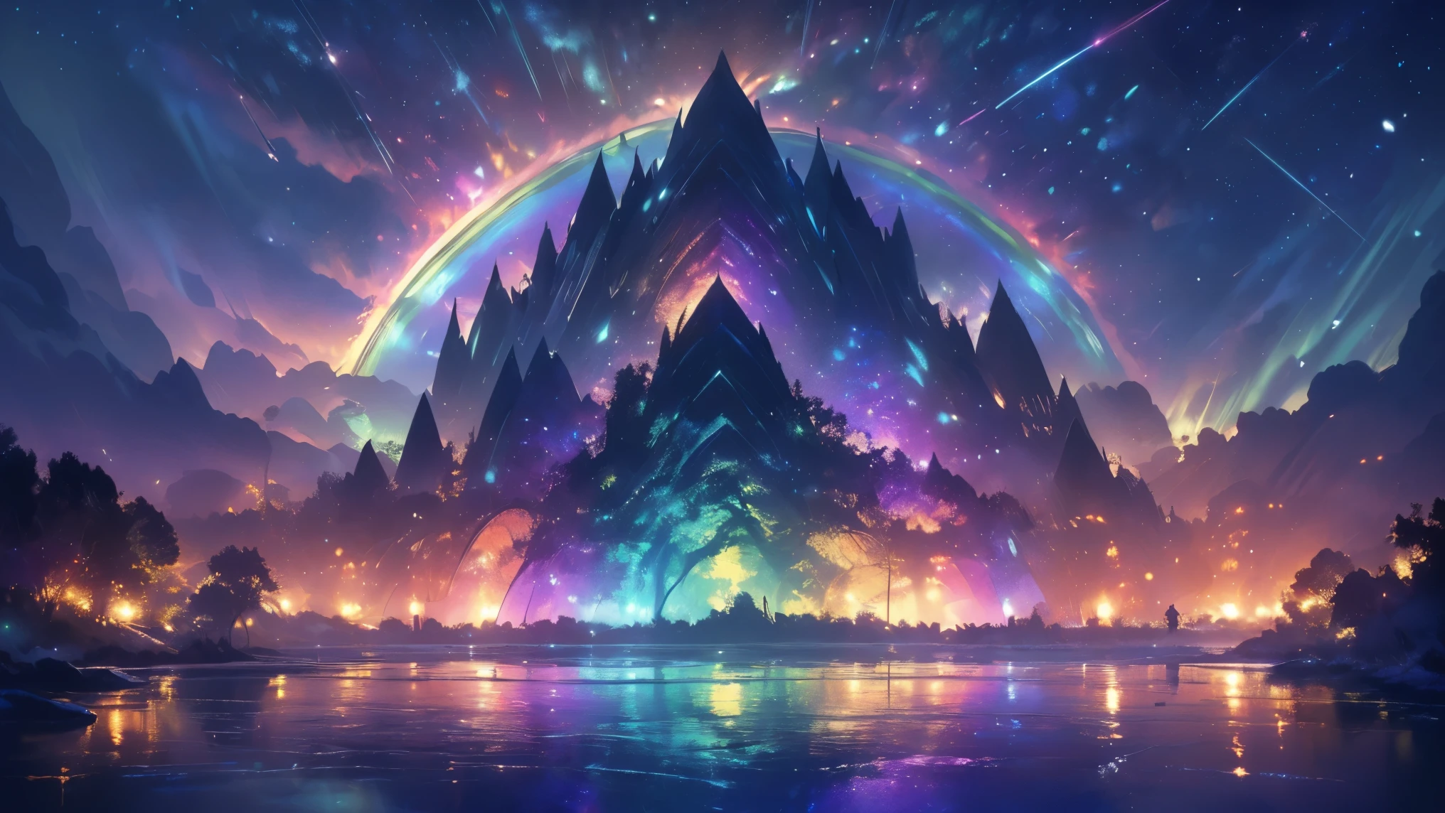 rainbow,超high image quality,high image quality,high quality of wavy lines,Enchanted Mysterious Forest , (Lots of Neon Colored Butterflies),Solemn Atmosphere, Pure blue water river fountain, Golden Mini Fairy, (((emits fluorescent blue, lots of succinants Agave glows))), Extremely beautiful scenery , (Super Real), {Highly Detailed 8k CG Unit Wallpaper}, (Low Perspective Prioritizing the Overall Scene), (Wide々A view of the field ), (Low Angle Shot),(lowlight), (Warm Light Source : 1.0), Complicated Details, (((Seven colors of the rainbow ))), (bright light that emits bubbles), (Atmosphere lighting), nature, Magically Beautiful Scenery, landscape,((Triple Overlapping Rainbows)),