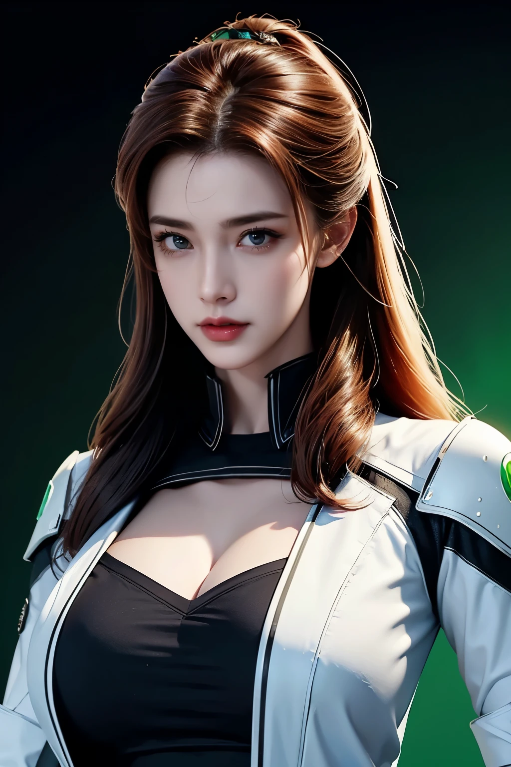 tmasterpiece，best quality，high definition，8k，(image like)，((Close-up shot))，(Original photo)， real photos，Digital photography，(Women in Cyberpunk Style Uniforms:1.2)，(Professional ladies)，20-Year-Old Girl，Random Hairstyle，Red Hair Gradient Green)，Serious and obsessive，cleavage，  accessories ，Red lipstick，keeps lips looking polite and charming， serious and arrogant， calm and handsome ，(Women's Sci-fi Workwear)，Pose for a photo，Realisticstyle，gray world background，Best Quality Reflective Surface Display