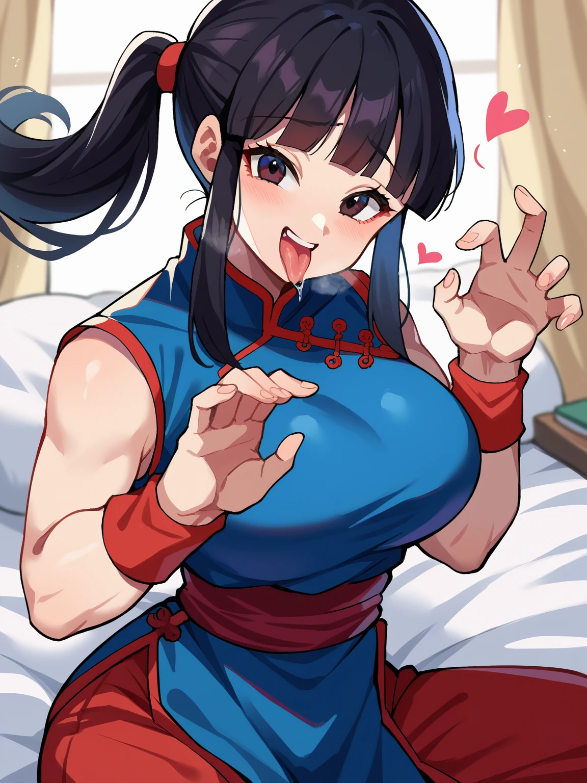 score_9, score_8_up, score_7_up, source_anime,
dragonballchichi, chi chi, black eyes, black hair, long hair, hime cut, blunt bangs, sidelocks,
bare arms, blue dress, china dress, chinese clothes, dress, high collar, obi, pants, ponytail, red pants, red sash, red wristband, sash, side slit, sleeveless, sleeveless dress, wristband,
indoors, dojo,
looking at viewer, dutch angle, cowboy shot, huge ass, huge thighs, huge breasts, body with huge hips,