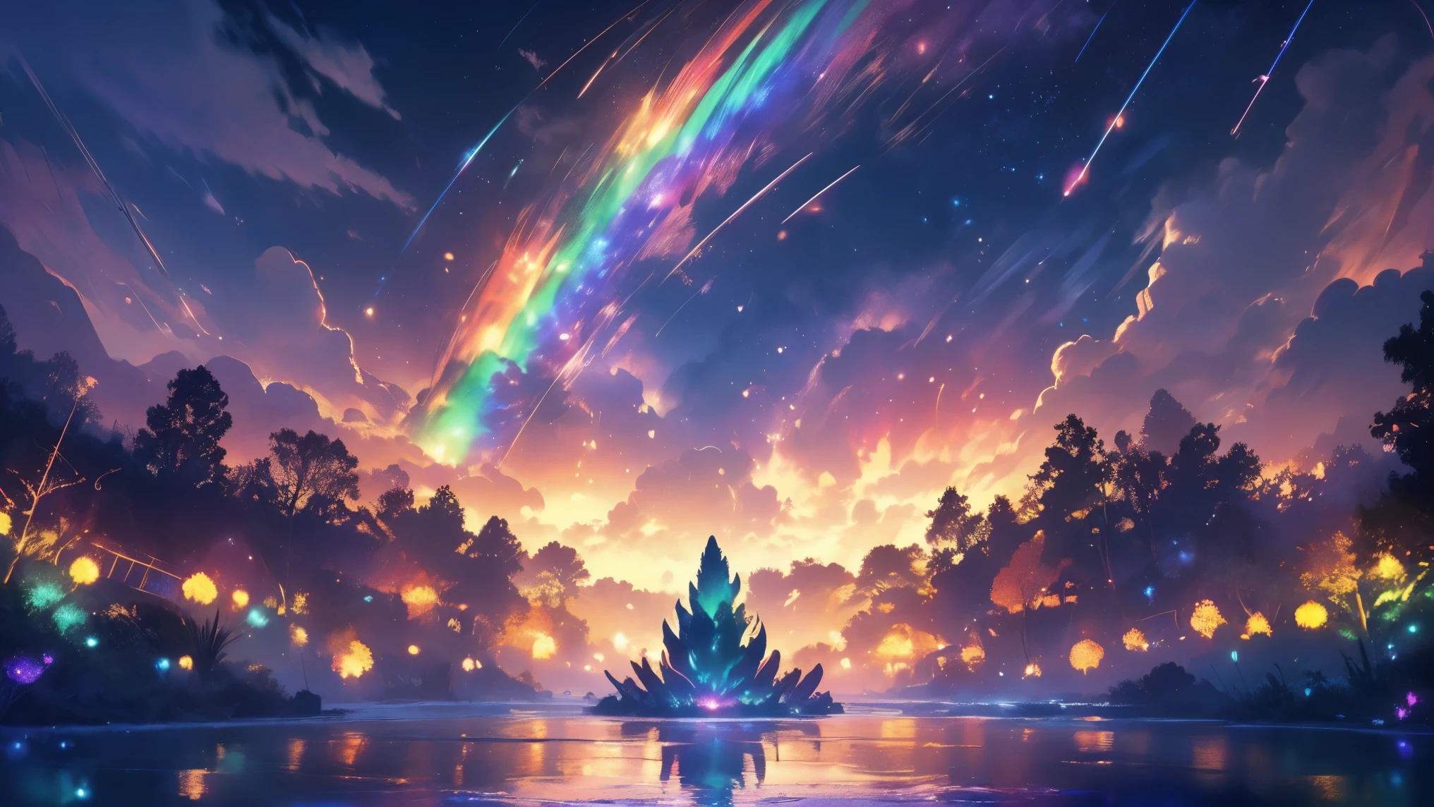 rainbow,超high image quality,high image quality,high quality of wavy lines,Enchanted Mysterious Forest , (Lots of Neon Colored Butterflies),Solemn Atmosphere, Pure blue water river fountain, Golden Mini Fairy, (((emits fluorescent blue, lots of succinants Agave glows))), Extremely beautiful scenery , (Super Real), {Highly Detailed 8k CG Unit Wallpaper}, (Low Perspective Prioritizing the Overall Scene), (Wide々A view of the field ), (Low Angle Shot),(lowlight), (Warm Light Source : 1.0), Complicated Details, (((Seven colors of the rainbow ))), (bright light that emits bubbles), (Atmosphere lighting), nature, Magically Beautiful Scenery, landscape,((Triple Overlapping Rainbows)),
