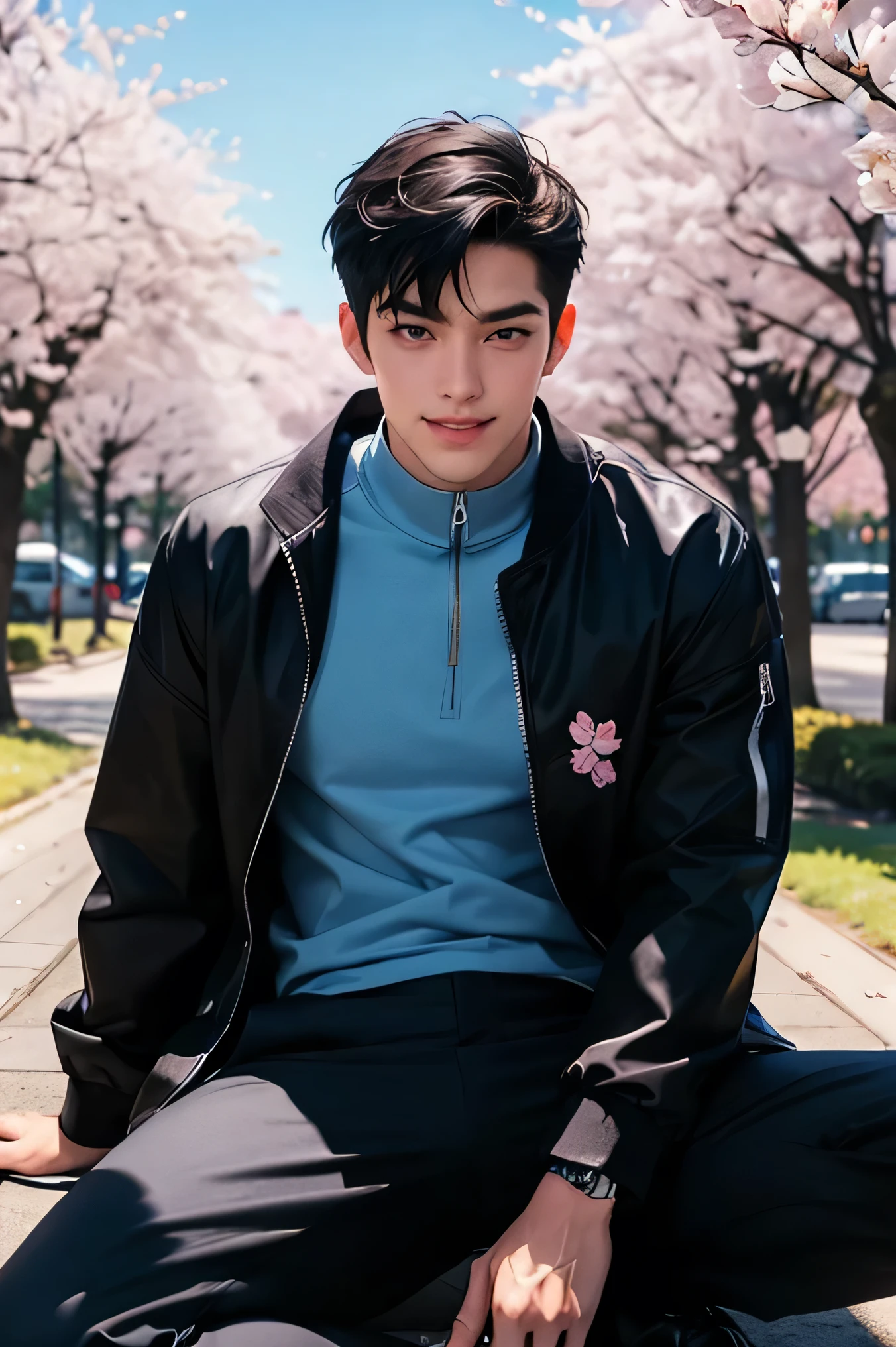 Man Two handsome very short black hair Shaved head Shaved head smile are cool solid black long sleeve black tight high neck shirt full zip up Tight Long Pants show me Megamokkori Sit down on the ground wide thigh opening blue sky Cherry blossom trees in the background cherry blossoms in full bloom