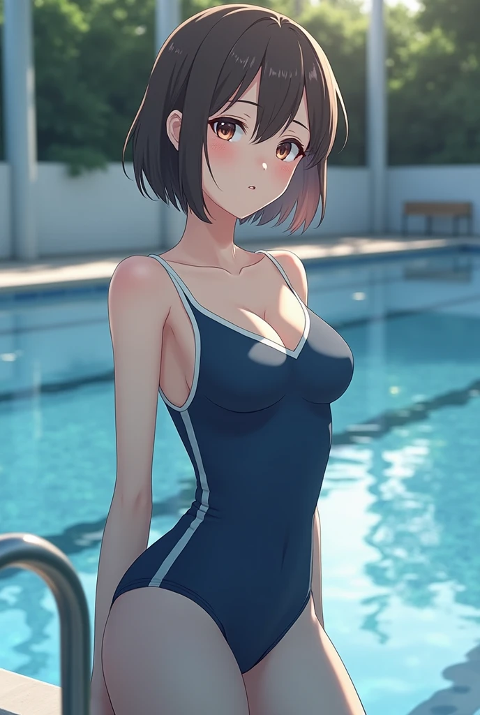 forest,Swim in a bottomless swamp,1 girl,blue leotard,barefoot,brown hair,bob hair,big breasts,Sweat,panic,blush,panic,serious face,shy,troubled face,back view,Stick your butt in front of the viewer,back,