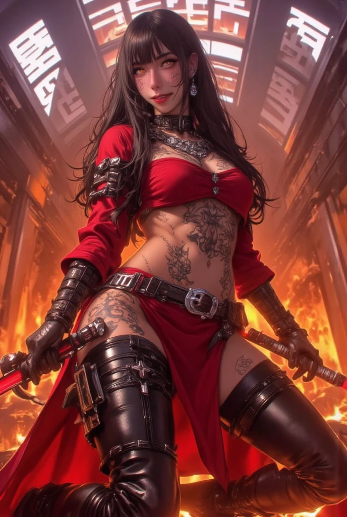 (((mulher))), (((melhor qualidade))), (((obra prima))), (((adulta))), Uma guerreira mulher de 35 anos com corpo perfeito, Brooklyn Gladiators, (( under boobs )), quase nua no estilo selvagem urbano de Simon Bisley para a capa da revista Heavy Metal, cabelo loiro, Minimum clothing, red and white checkered pattern, armadura, cheio de pontas e rebites, tatuagem tribal, (((do joelho pra cima))), cabelo desalinhado