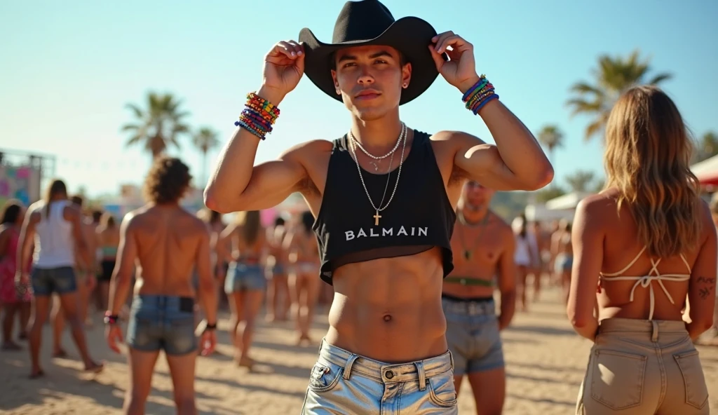 Sexy young man in underwear playing guitar in public