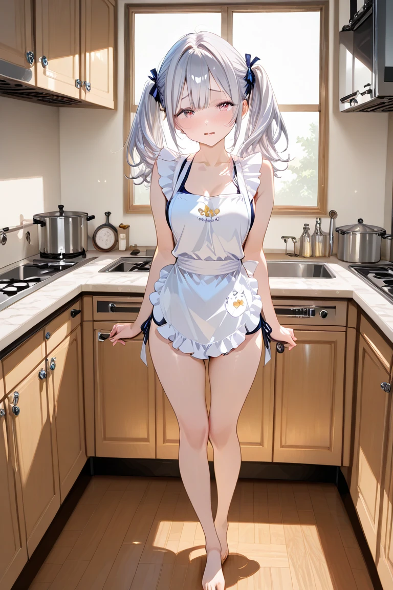 detailed,1girl,naked apron,smile,kitchen