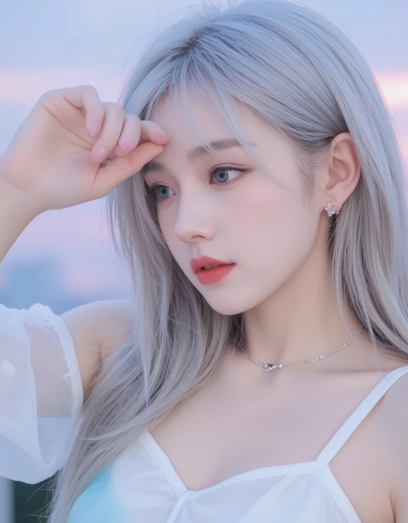 una mujer con cabello largo y blanco y un top negro, parque roseanne de blackpink, portrait of jossi de blackpink, jossi de blackpink, sun yunjoo, retrato de ídolo coreano femenino, CL, jia, cabello plateado (cola de caballo), retrato de jisoo de blackpink, Jaeyeon Nam, Lalisa Manobal, su cabello es blanco, kim taejin