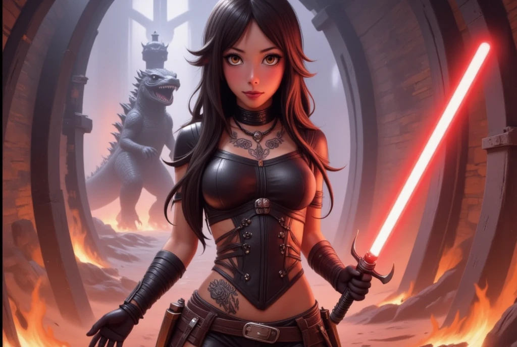 a very shy magical beautiful girl with long dark black hair, piercing blue eyes. Dressed as an erotic ninja in miniskirt, wielding a magic sword, scary diabolical world, (EXTREMELY HUGE BREASTS), wide neckline, image of a full-body woman..Description of extreme details, vivid and intense colors, vibrant colors, bright eye,image 3D,breasts 3D,((mejor calidad)), ((obra maestra)), (detallado), ((alta resolución))