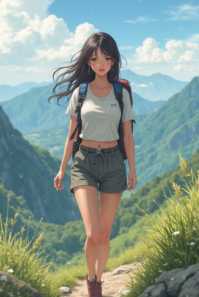(Best Quality, masutepiece), a cute girl with a hiking bag on her back, running on a mountain path with tall flowers and meadows on both sides, Sun, Nature, spring, Happiness, Blue sky in the background