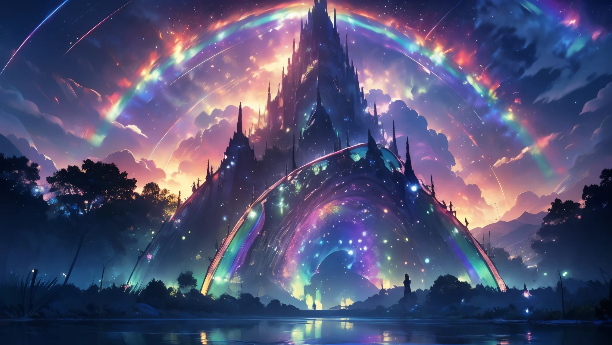 rainbow,超high image quality,high image quality,high quality of wavy lines,Enchanted Mysterious Forest , (Lots of Neon Colored Butterflies),Solemn Atmosphere, Pure blue water river fountain, Golden Mini Fairy, (((emits fluorescent blue, lots of succinants Agave glows))), Extremely beautiful scenery , (Super Real), {Highly Detailed 8k CG Unit Wallpaper}, (Low Perspective Prioritizing the Overall Scene), (Wide々A view of the field ), (Low Angle Shot),(lowlight), (Warm Light Source : 1.0), Complicated Details, (((Seven colors of the rainbow ))), (bright light that emits bubbles), (Atmosphere lighting), nature, Magically Beautiful Scenery, landscape,((Triple Overlapping Rainbows)),
