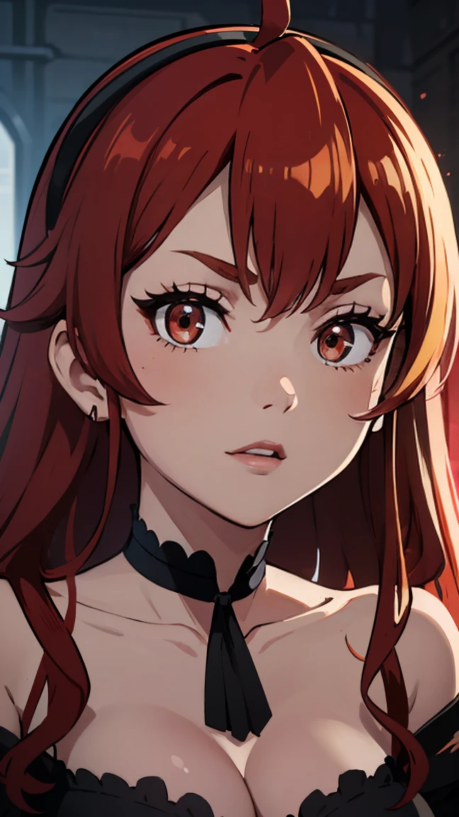 ((masterpiece)), ((ultra-detailed)), ((best quality)), ((intricate details)), ((chromatic aberration)), 1girl, long hair, shy, ((very small breasts)), makeup, black eyeliner, (expressionless, ), looking at viewer,red hair, red eyes, ((tied up, cleavage, bedroom, solo,cityscape,window, )),