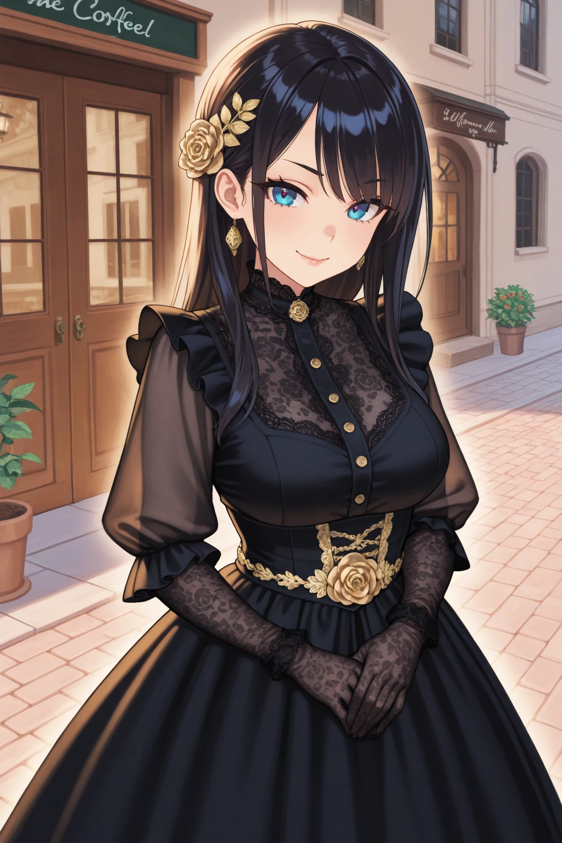 A highly detailed anime-style digital illustration of a beautiful adult woman with dark hair standing in a European-style narrow street or alleyway. The scene combines realistic architectural backgrounds with stylized anime character design.

The character has long, straight black hair with softly layered bangs framing her mature and refined face. A few loose strands fall naturally, adding a sense of elegance. Her hair is adorned with an intricate gold floral hair ornament with delicate tassels, emphasizing her sophisticated and graceful appearance. She has striking deep blue eyes, framed by long, dark lashes, and her expression is calm yet engaging, with a hint of a confident smile. Her high cheekbones, well-defined jawline, and subtly arched eyebrows enhance her mature elegance. Her lips are full and naturally pink, accentuated with a soft gloss.

She wears a Victorian-inspired outfit, consisting of a fitted black blouse with a high-neck collar and subtle lace trim, paired with an elegant beige/tan long-sleeved pinafore dress adorned with embroidered red roses and intricate green leaf patterns. The bodice is structured, hugging her silhouette gracefully, while the long, flowing skirt flares subtly, cinched at the waist with an ornate belt. The sleeves of her blouse feature delicate golden embroidery, adding a regal touch. She wears black lace gloves, emphasizing her refined and poised demeanor.

The background showcases a charming, narrow European street, lined with pale beige and pastel-colored buildings featuring ornate balconies, wooden shutters, and flower-filled window boxes. The cobblestone street is bathed in warm mid-day sunlight, casting soft, natural shadows. Vintage street lamps and a small café sign add to the lively, old-world charm. Small potted plants and scattered paper notices on the walls create an immersive, lived-in atmosphere.

Her pose is poised yet natural—one hand gently touching the textured surface of a wooden door, while the other elegan