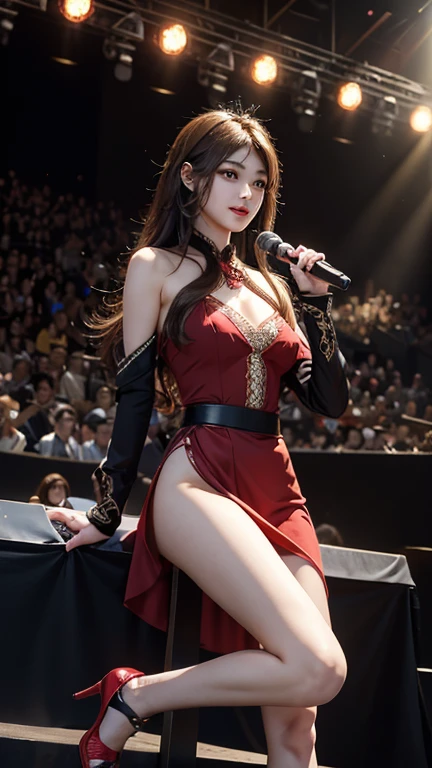 NSFW:1.3,Looking up from the audience、full body Esbian、masutepiece、top-quality、8K、Professional filming、perfect-composition、A detailed face、Detailed beautiful skin、1 Ultimate Cute Idol、huge-breasted, Minimalistic costumes that are close to naked、Nipple slip, Lower breast、sings、dance、Happy smile, The wind peeks through the skirt、Lots of idol-like decorations, 17 age、Stage lighting,stage