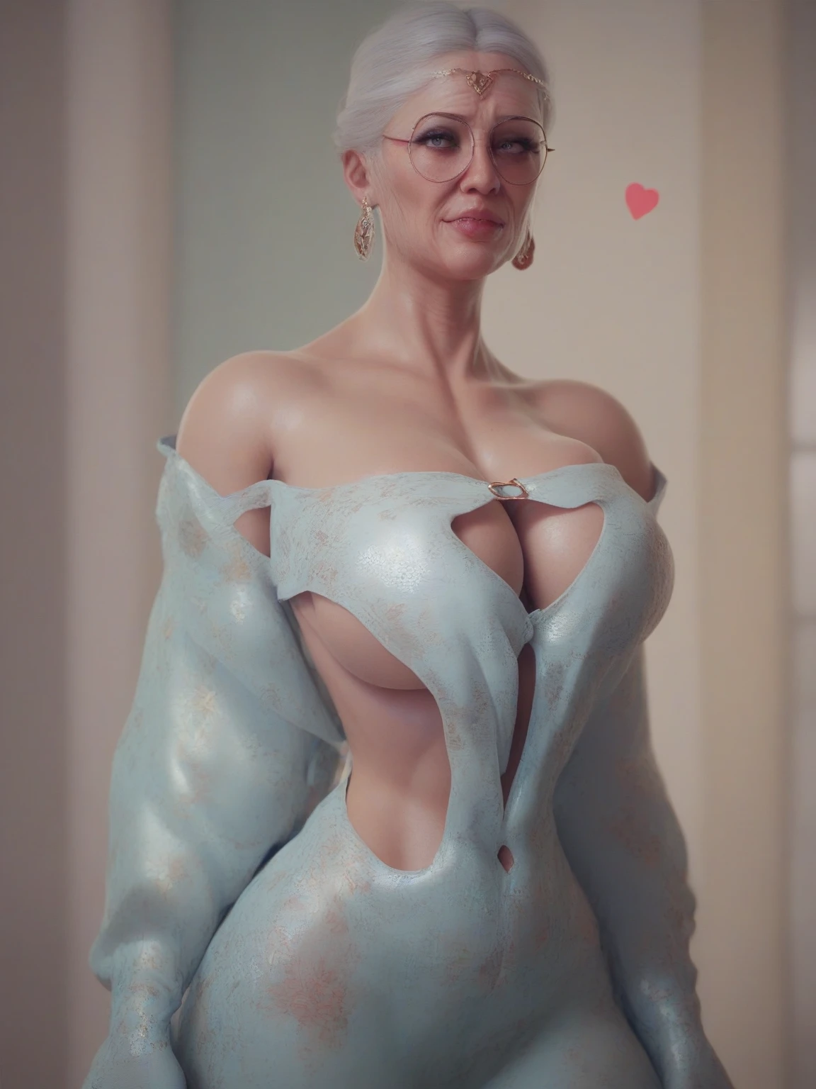 portrait of a 75-year-old woman with a bunch of grey hair on top of the head, grey eyes, a lot of wrinkles on her face, detailed wrinkles (8K, high resolution、The ultra -The high-definition、An ultra-high picture quality、Ultrarealistic、Best Quality)(small chest) clearly visible pubic shape, proper eye position, soft light, hips, detailed color graded background, intricate, highly detail, octane render, HD, 8k, an expensive country cottage, a huge house, a lawn, a large area around, bushes, a garden, evening meeting, business clothes with a pronounced neckline, tight clothes, small breasts, translucent dress, clear background, detailed background, ray traycing, soft shadows, NSFW:1.6, showing full body, full body, transparent suit,