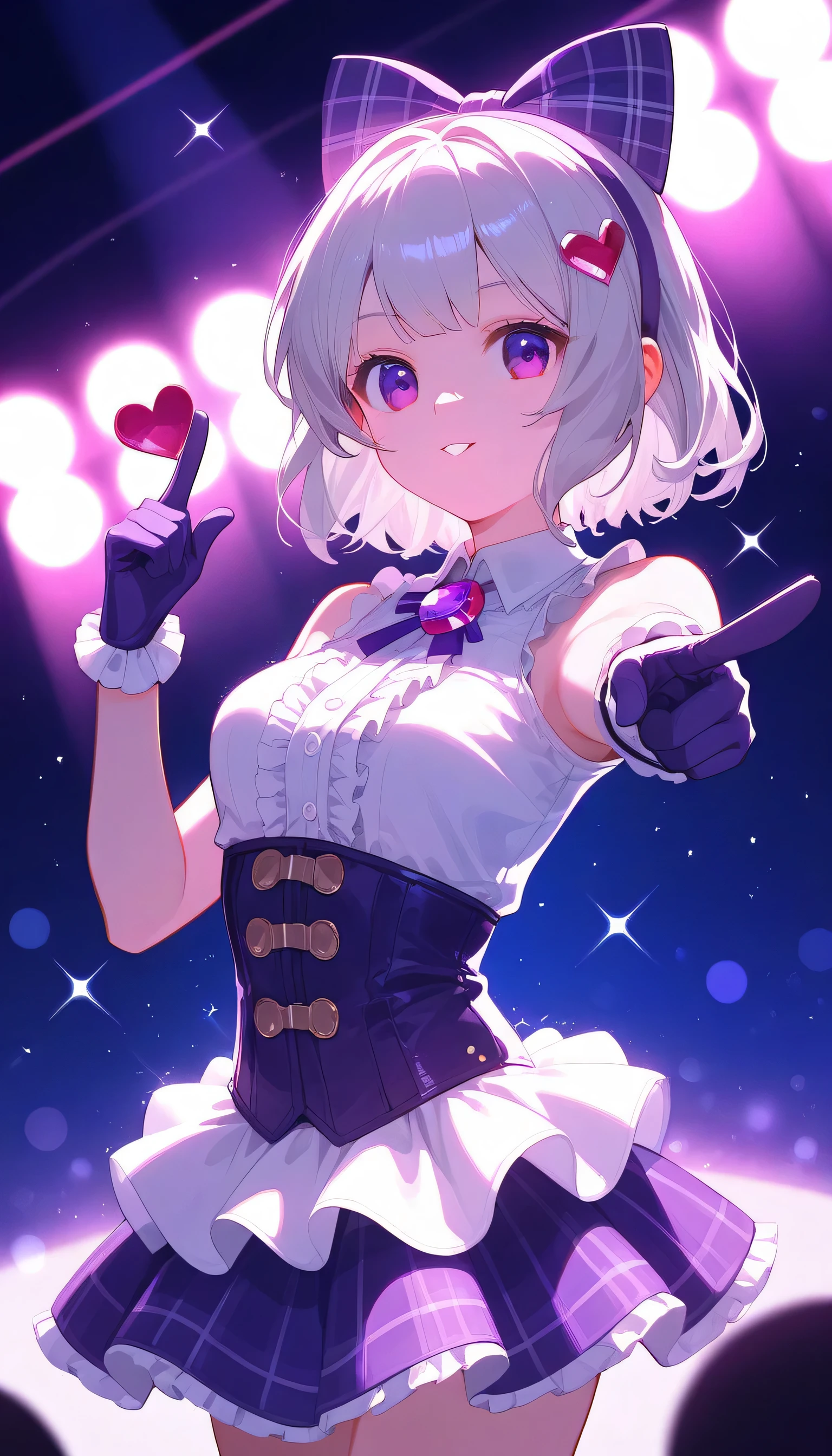 (masterpiece), BEST QUALITY, high resolution, very detailed, detailed background, cineminic lighting, on fe_in_viewer, 1 girl, silver hair,  medium hair, medium chest, purple eye, idol, purple white idol clothes, Underbust, stage, glove stick, stage lights,  music, , heavy_breinhing, swein,  concert, white  frilled gloves,  frilled microskirt,  frill,  Paper blowing snow, heart, hair ornament, hair bow, Gemstones,  jewelry, neon lights, plaid ribbon,  check shirt, Pointing, spotlight in brown, sparkle,  light particles, Framed Chest , cross race with a mob face,