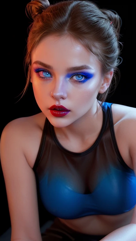 close-up of beautiful supermodel, elegant, flirty, sexy, sequin halter top, blonde, updo, large bright eyes, blue eyes, dark limbal ring, modern, cinematic lighting, sidelighting, professional photography,