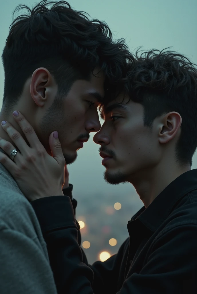 (Yaoi),(delicate composition:1.5),(masutepiece), best quality face, ((ultra-detailliert)), (Ultra-fine 4K ultra-fine colors), (hyperdetailed body), (Gay Male Relationships), Male couple, 1 man and 1,eyecontact,Adults, Smiling, With purple-haired man with cool look, A man with dark hair and a gentle expression,tall, finely eye, intricate detailes, Modern urban streets, tenderness, queers, Scenery, Add_detail:1, Add_detail:0, Add_detail:0.5、Stylish、Contour clearly