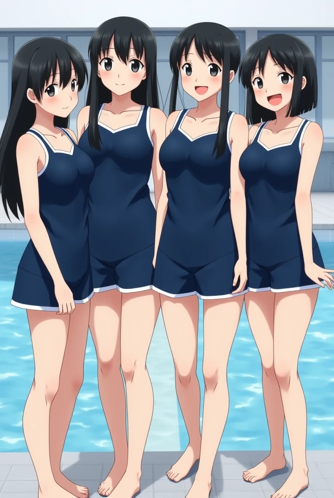 masterpiece,best quality,ultra detailed, best illustration, nsfw, 1girl, black_hair, bangs, long_hair, hair_ornament, blunt_bangs, blush, green_eyes, hairclip, aqua_eyes, T46405, blue one-piece swimsuit
