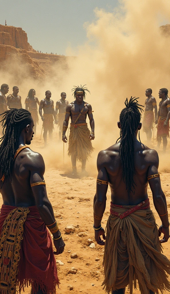 Depict a powerful and ominous scene set in the deep, untamed heart of Africa during the late 1790s. A group of strong and fierce African warriors, dressed in traditional tribal attire with weapons in hand, stand in formation before the elder chief of the Shagua tribe in Zimbabwe. The warriors are tall, muscular, and exude a sense of unyielding strength and resolve. The elder chief, dressed in ceremonial garments adorned with feathers and bones, gazes at the warriors with a solemn expression, acknowledging their readiness. The surrounding village is cloaked in the shadows of the dense jungle, adding to the sense of foreboding as the warriors prepare for what lies ahead.