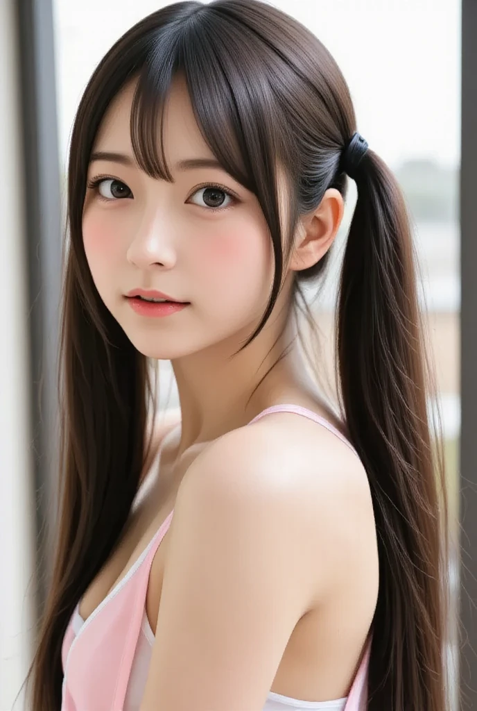 blush,14 years old,small breasts,long hair ponytail,Wearing a long-sleeved shirt with a white collar,wearing jeans,enjoying the date,Japanese amusement park,close up of face,((8K, Raw photo, best quality, muste piece:1.2), (Reality, photorealistic:1.4), (Highly detailed 8K wallpaper), Depth of the bounds written, cinematic lighting, soft light, detailed beauty eye,Shiny and smooth light brown ponytail, asymmetrical bangs, shiny skin, super detailed skin ,high resolution, high detail, detailed hairstyle, detailed beauty face, hyper real, perfect limbs, perfect anatomy ,1 Japanese girl,famous japanese idol, perfect female body,shy smile,short eyelashes,double-edged eyelids,look straight here,Hair style is ponytail,