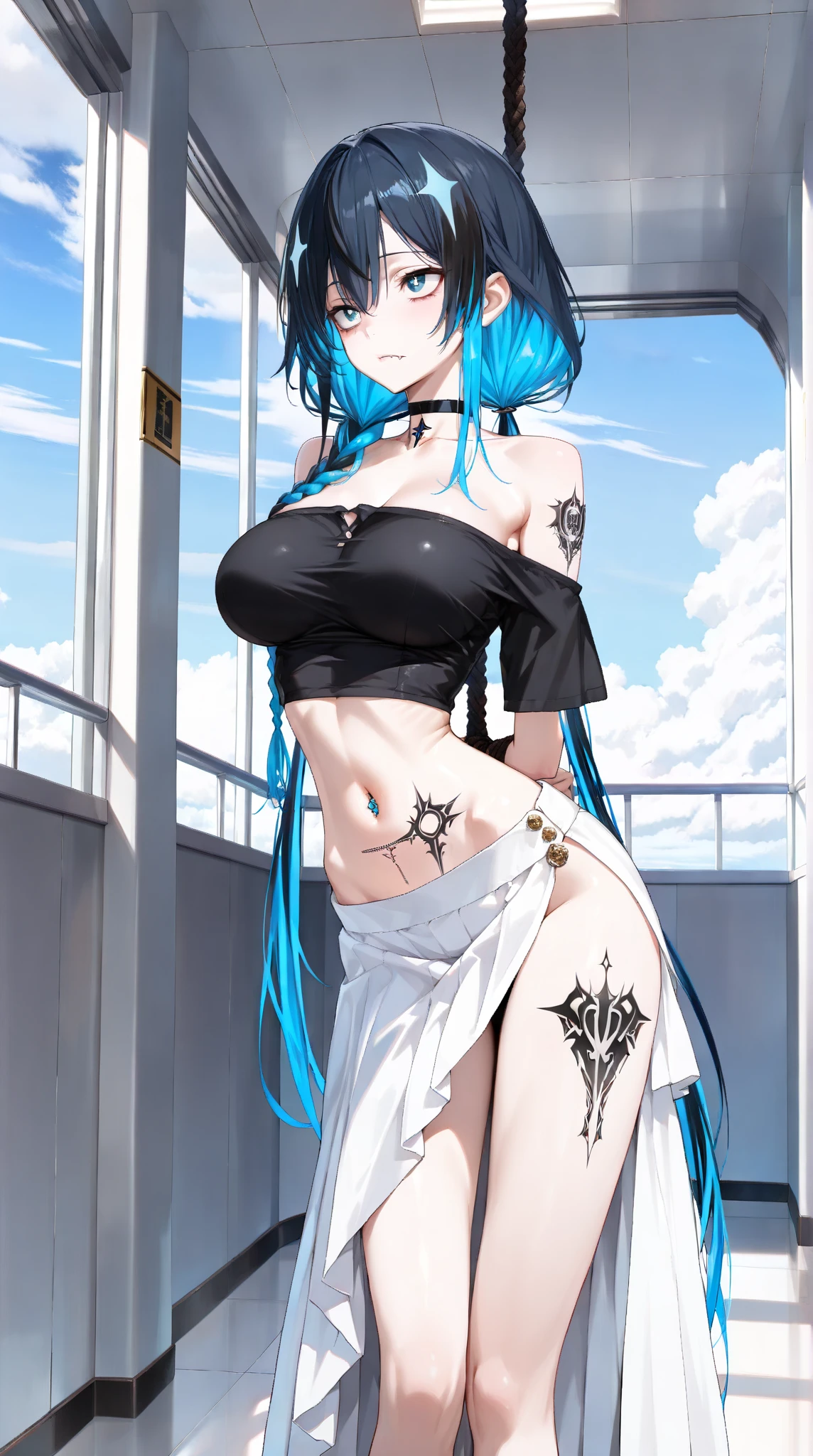 (Super detailed、Ultra-high resolution、8K masterpiece、Vibrant colors)、((Flat Color))、((Floating water))、summer、coastal、 A woman in a sexy swimsuit、(Angle from below）、(Gold chain body accessories)、Randomly open your legs、Random Sexy Poses、Sweaty、 ((body paint、Pop tattoo on thigh))、Big Breasts、 (Tight swimsuit、choker）、Nipple shape、cameltoe、Beautiful hip line、Butt、nude、 (Twin tails、Vermilion, blue, silver, golden hair、hair ornaments)、Beautiful blue eyes、Beautiful red lip、（Reluctant、Bad mood）、 TWICE&#39;s Tzuyu&#39; on pause
