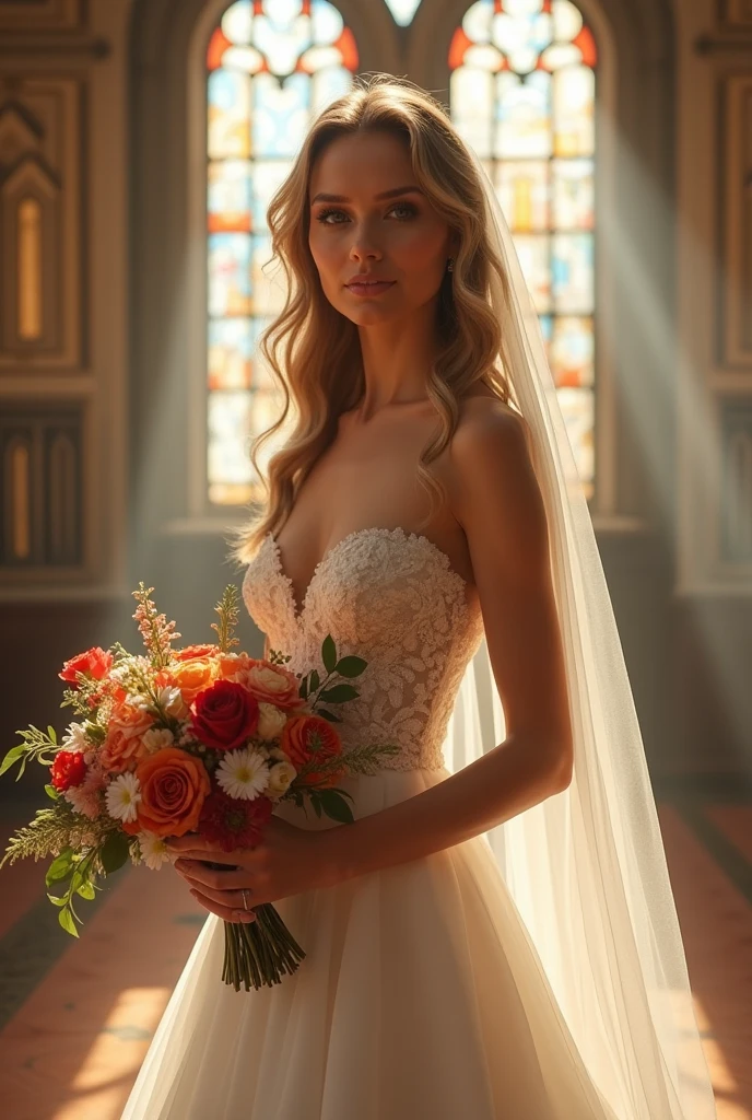 (translucent luminous body_Wearing a white lace wedding dress), (woman made of light: 1.2, glowing hair_Long curly blonde hair),, (Upper body frontal close-up angle: 1.3), 8k, high dynamic range(( masterpiece. real photos. Super high quality))AMY put on her most beautiful.The most gorgeous.The most noble wedding dress.Standing on the red carpet in a church with stained glass.She has a happy smile on her face.She held a large bouquet of bright roses in her hands.And AMY is more beautiful than flowers.symmetrical face, Symmetrical eyes, Ultra 8K detailed photos, 8K resolution concept