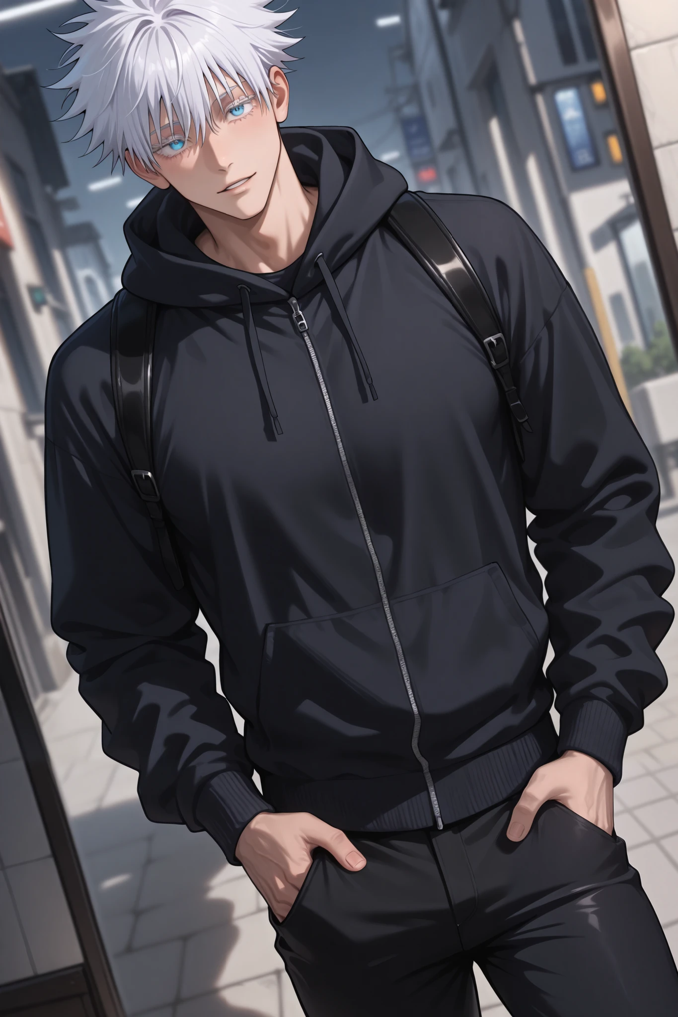 1 man , male focus , gojou satoru /(jujutsu kaisen/) , colored eyeshes , blue eyes , white hair , sexy man , handsome , muscular, trained body, high fashion, hoodie with a black jacket, black pants,