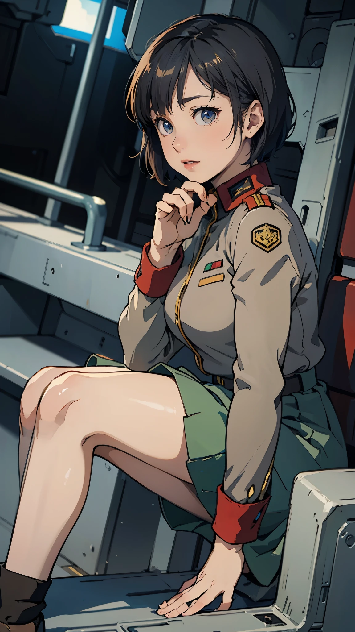  girl、Earth Federation Operator Girl Soldier、Black short hair、Idol-level cuteness、ish face and appearance、Operator intercom mounted on head、Accurately drawn faces、thin、Healthy knee-length skirt-style Earth Federation Army uniform、Knee-length、Inside the bridge of a battleship、Low angle shot、Anatomically correct、Accurate Fingers、Accurate Rimbuster Piece、Photorealization