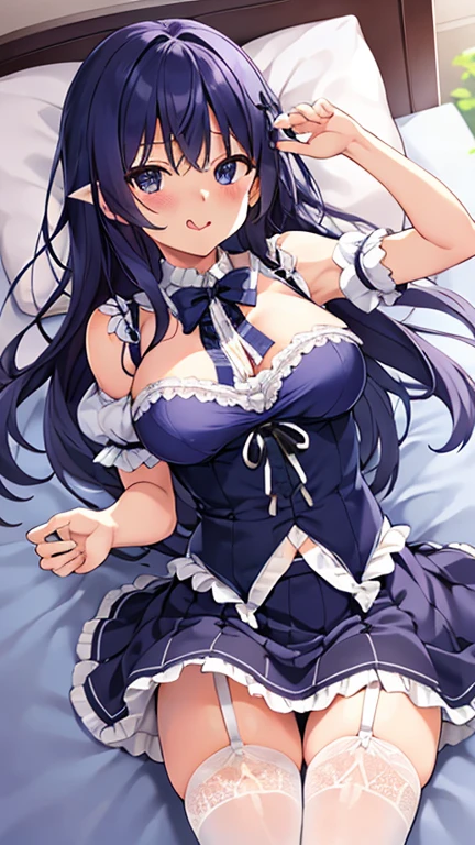 Maid, sexy body, big breasts, cleavage, big hip, stockings, garter belts, blushing, smiling, beautiful face, detailed face, detailed eyes, long black hair, blue eyes, full body, high quality, bedroom, dildo