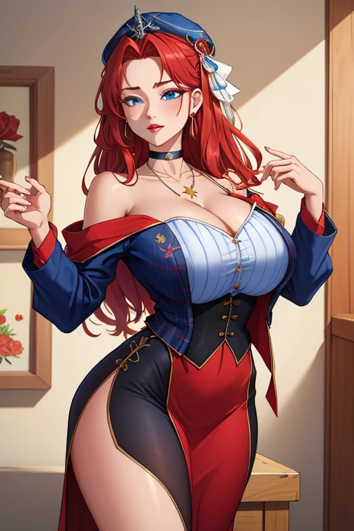 Masterpiece: 1.2, best quality), realistic, (real picture, intricate details, depth of field), (1girl, solo), makeup, parted lips, high detail, perfect face, (huge breasts: 1.4), (skindentation ), thick thighs, wide hips, slim waist, tall, coral lips, red hair, red eyes,, (sweating: 1.2), (wet), sexy, blushing,, tomboy, tomboy