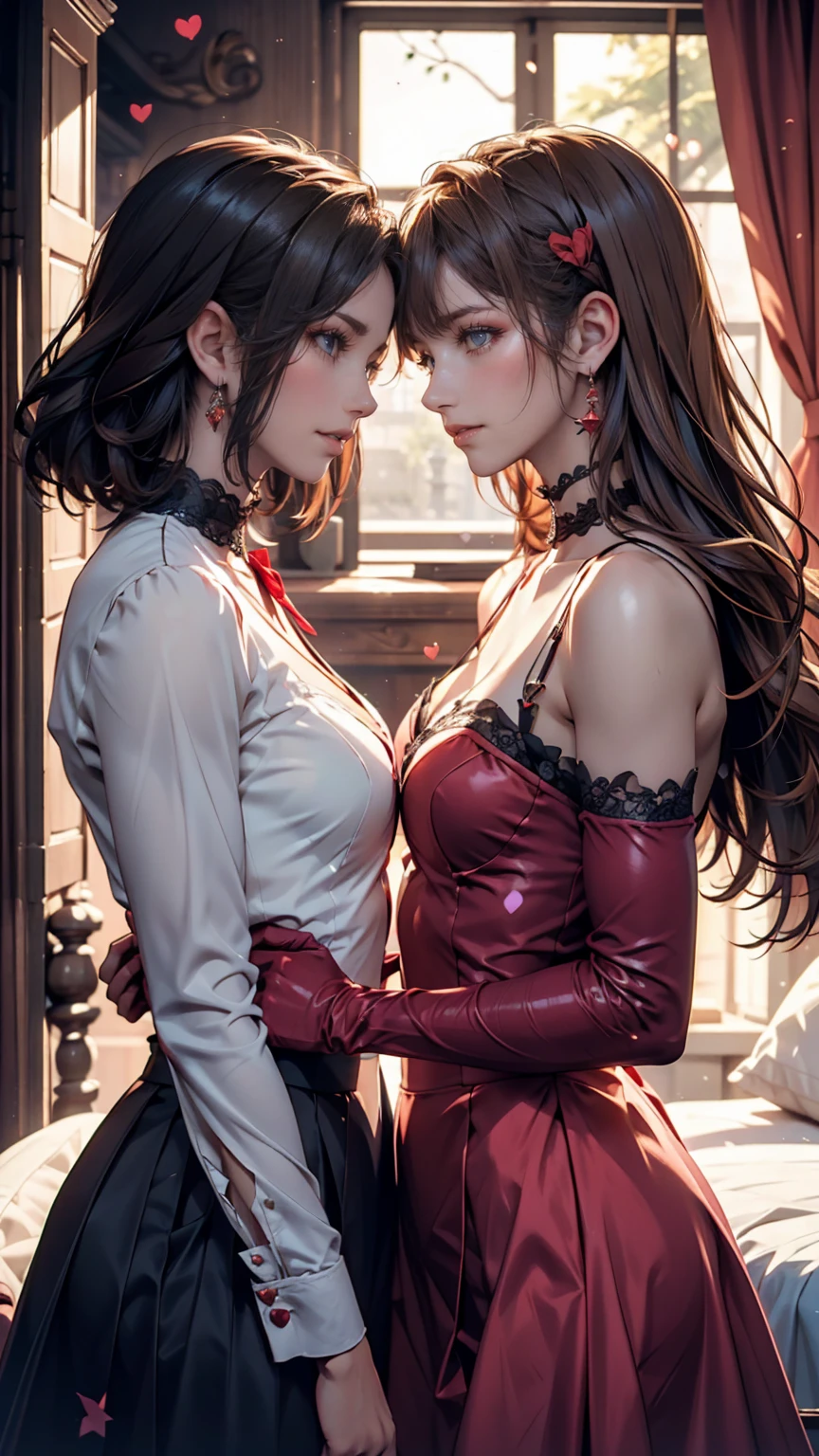 There are 2 adults European women , Caressing each other, lesbian, making love together, Dark Purple and Ginger hair, Natural MakeUp, Eye shadow, natural makeup, long curved hait, Little Breast, Little boobs, Little Chest, Second Life Avatar, Beautiful screenshot, Second Life, attractive woman, high quality, highly detailed skin, dynamic pose