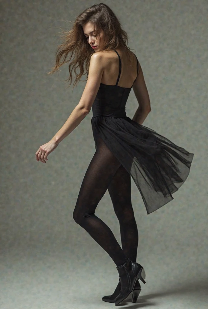 (8K,tmasterpiece,RAW photos,best qualtiy,the detail:1.2),Korean female model,Height 175 cm,perfect bodies,Long legs,wavy and long hair,Wear a sports tops and briefs,Stand on a wooden staircase,((Pantyhose)),Wear high heels,ray tracing