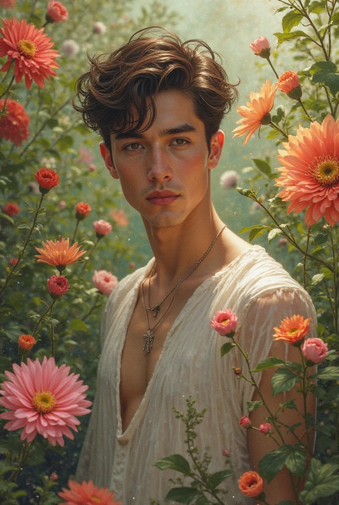 candid an image of 2man, an attractive and charming 2man, Position in a graceful contrapposto stance (in a field of vibrant swirling roses garden), good looking masculine appearance with slender smooth body, delicate and symmetrical face, natural olive skin tone, (nude body wrapped in classical drapery sheer rainbow color fabric), with flowing dramatically in the wind, some fabric to billow as if caught by a gentle breeze. The composition include mythological elements, such as a backdrop of a serene ocean with a golden sunrise and nymphs to frame the scene. Illuminate the scene with soft diffused lighting to create a dreamlike, celestial atmosphere, capturing the delicate interplay of light and shadow on his face and body. ((full body shot)), wide-angle lens on a high-resolution DSLR camera to capture the grandeur and intricate details of the setting, while shooting from a low angle to emphasize the model's majestic presence. The overall mood should blend the classical elegance of Botticelli's work with a modern, high-fashion aesthetic, producing an image that feels both timeless and contemporary, adding the Two Cherubs in the sense to balance and harmony the photo, evoke the soft ethereal quality of the Renaissance style, POV, raw photo, ((masterpiece)), ((best quality:1.4)), High Resolution, (ultra_realistic:1.37), (photorealistic:1.4, (NSFW), ((Pay attention to the layer and arrangement of body parts and surrounding objects)), ((Pay attention to the body composition)), ((Correct body structure)), ((Correct photo distance)), romantic atmosphere, lively extremely Gorgeous background), gay wedding,
