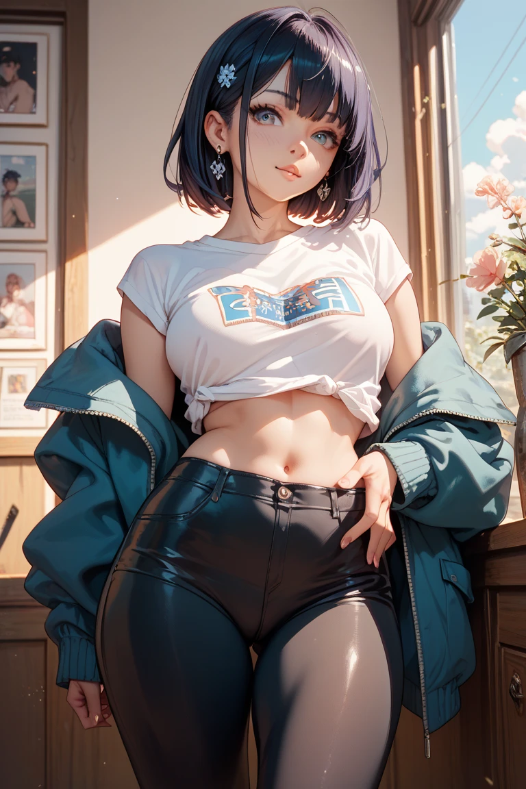 ((Best Quality)), ((Masterpiece)), ((Realistic)) and ultra-detailed photography of a 1nerdy girl with goth and neon colors. She has ((turquoise hair)), wears a techwear jacket and exudes a vibe ((beautiful and aesthetic)), sexy, underboobs, hot