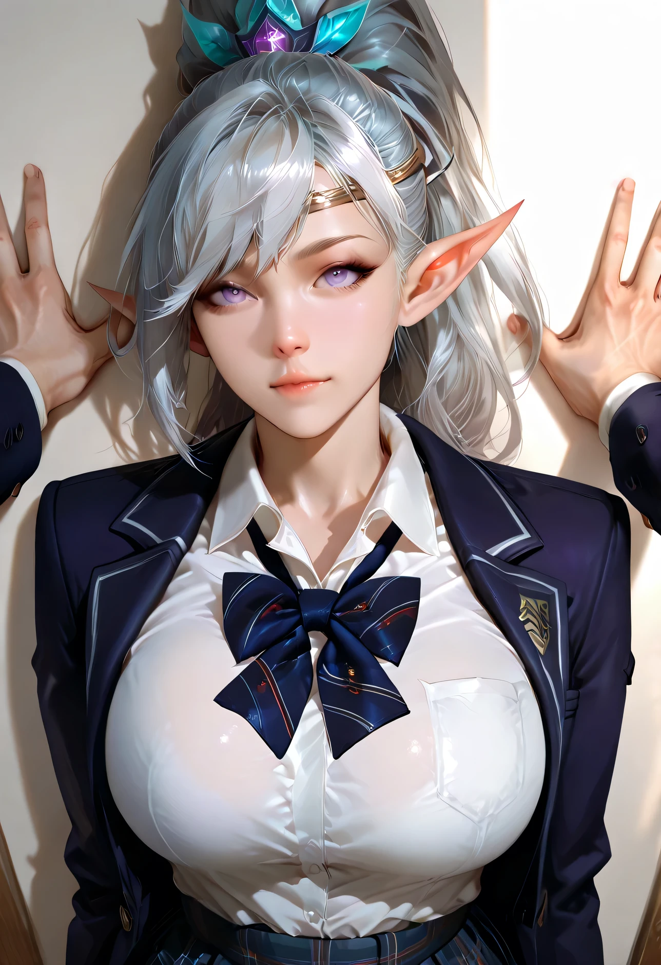 (masterpiece, best quality:1.2),photorealistic, highres, absurdres, hd,cg,8k,nsfw,
1 girl,solo, rin(blue archive), blue and black hair, jewelry, blue necktie, earrings, white coat, bangs,white gloves, large breasts,cleavage,miniskirt,cameltoe,underwear, blue eyes, long sleeves, shirt,colored inner hair, closed mouth, pointy ears, collared dress, glasses, white belt, very long hair, halo,
looking at viewer, white background,
<lora:rinBlueArchive_v10:0.7>
