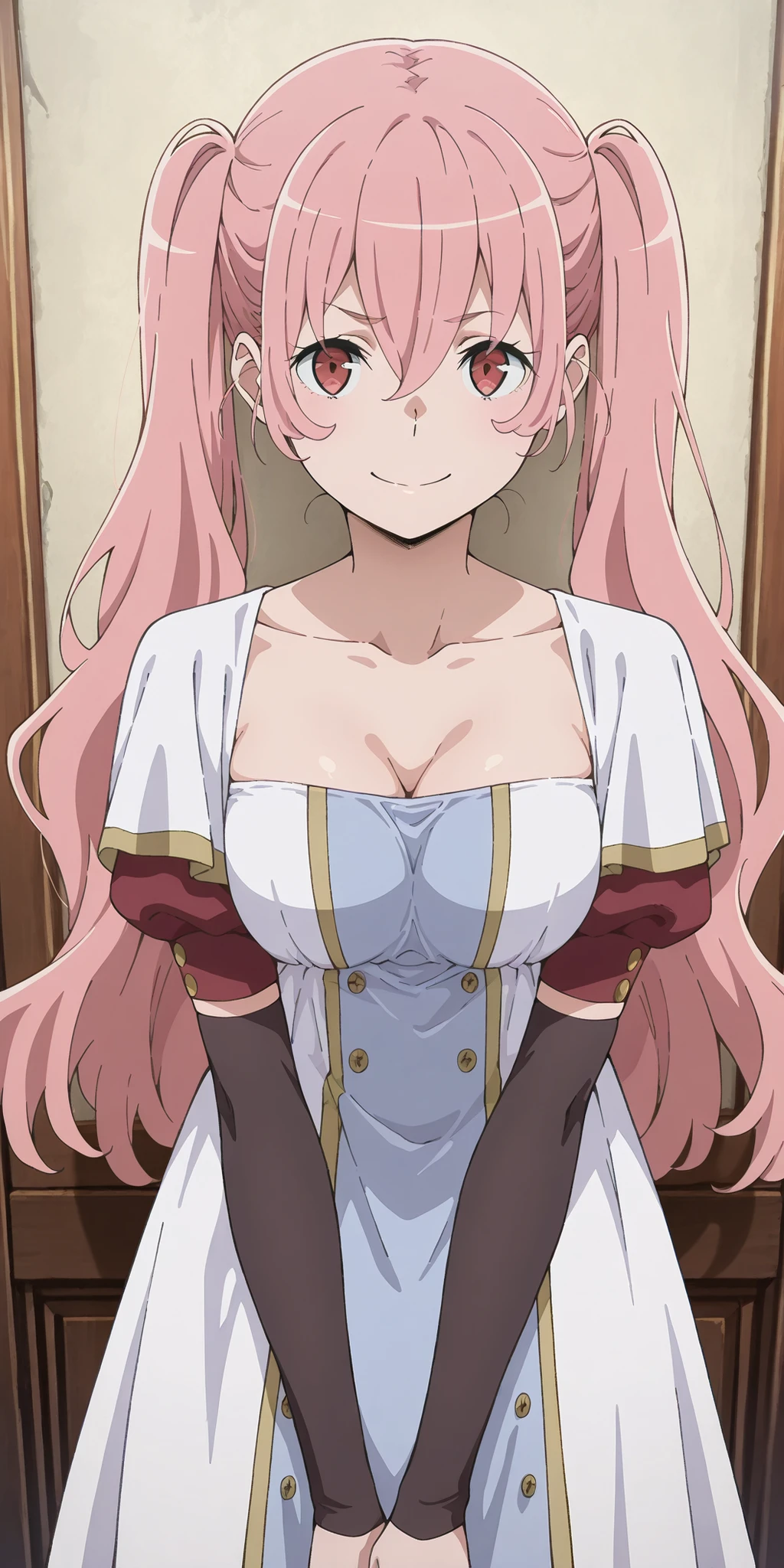 high resolution picture, masterpiece, best quality, amaging quality,　　1 girl、Heith Velvet, eft_danmachi_behind, Alone, pink hair, medium breasts, hair between eyes, closed mouth, looking at viewer, collarbone,smiles、