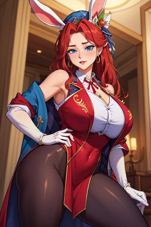 Female 17th century pirate, pirate captain, mid 30s woman, smirking, wavy shoulder length vivid red hair, red bandanna, large gold hoop earrings, puffy long sleeved white shirt, brown leather vest, belt, large square belt buckle, long brown pantaloons, worn leather boots, period dress, dirty clothes, holding a cutlass, dramatic pose, on deck aboard a pirate ship, caribbean island, painterly illustration, best quality, 8k, masterpiece, bright vivid colours, colourful, charley.atwell