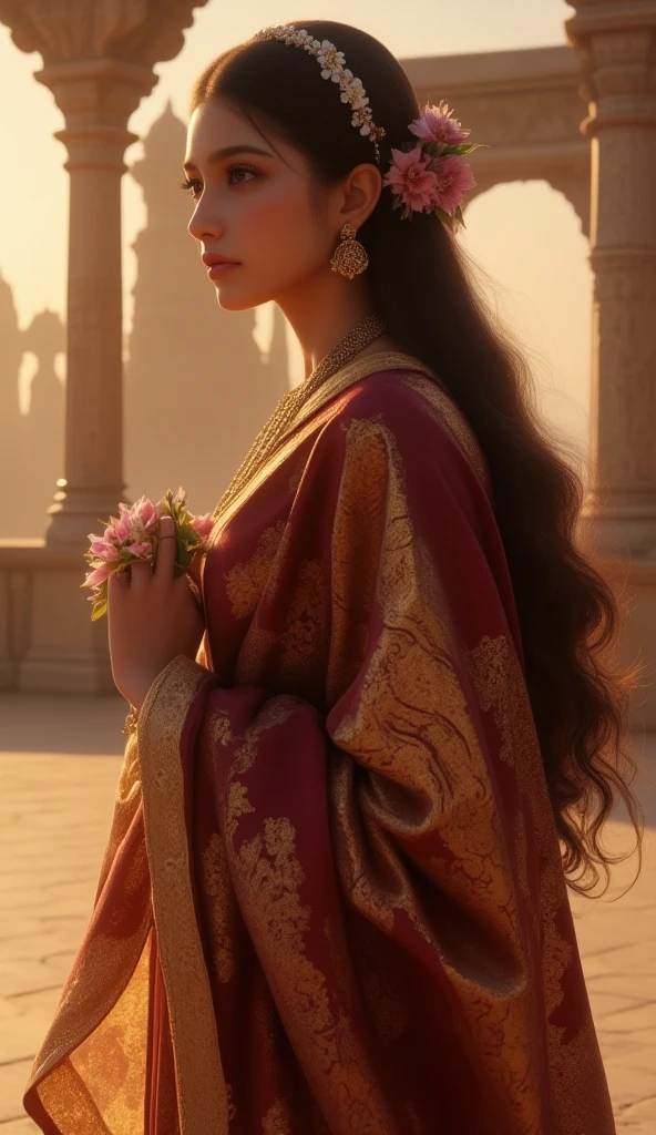An women with medium weight standing in a wedding stage wearing full pink silk saree with a gentle smile ,with long  braid including flowers 
