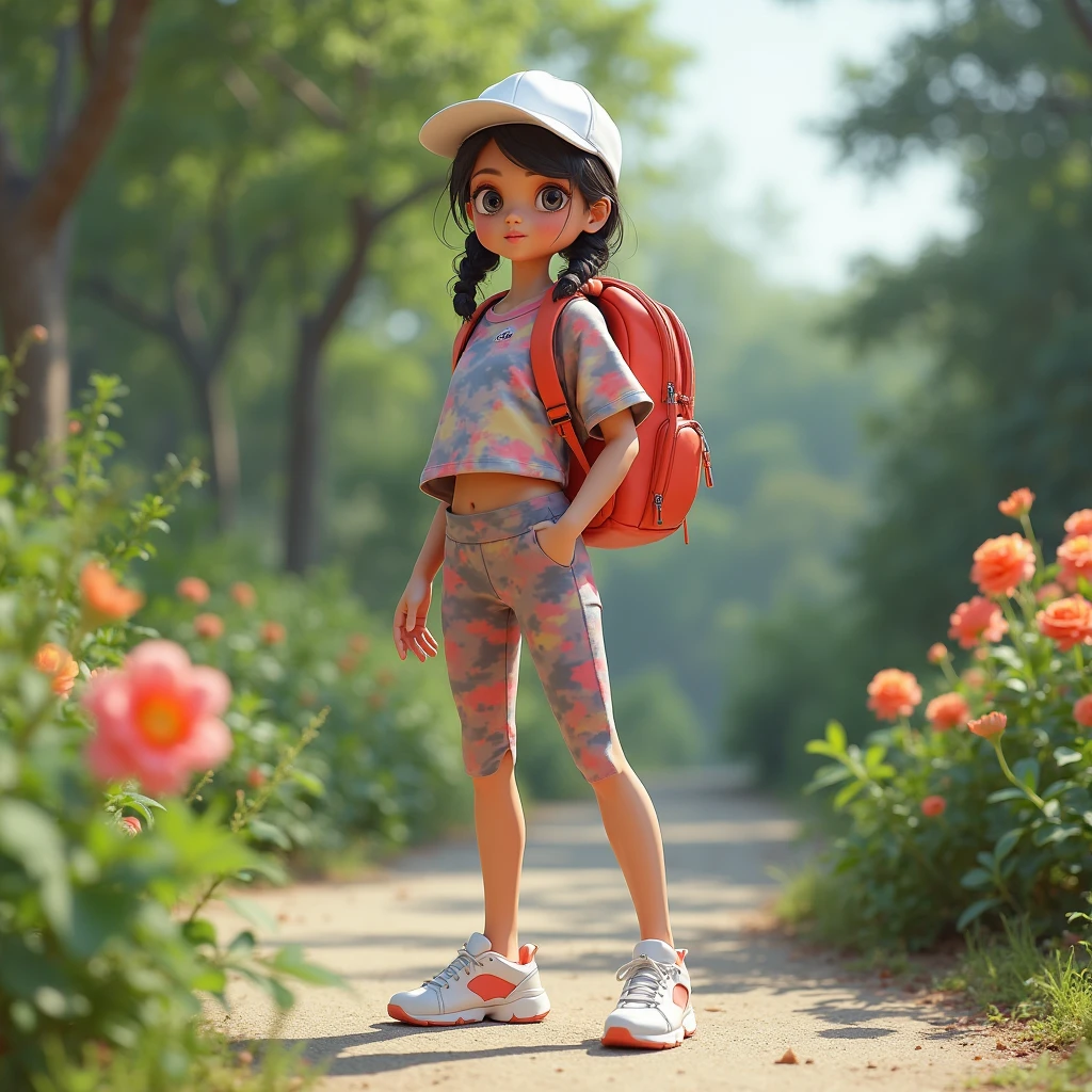 springtime,In nature,A little girl in a white shirt,Pink shorts, wearing pink hat,Bring a pink backpack,Wear pink sneakers on your feet