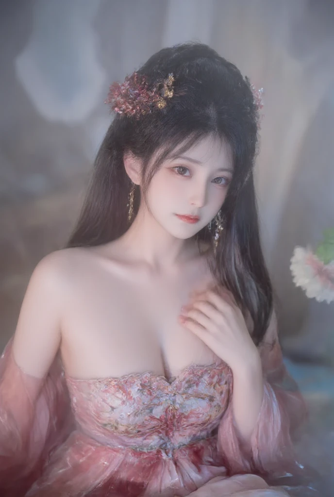 masterpiece, black_hair, 1 girl, looking at the audience, long_hair, nail_polish, solo, ancient art, Chinese,(8k, best quality, masterpiece:1.2), (realistic, realistic:1.2), (background sky: 1.2), (face close-up: 1.7), looking at the audience, hanfu, 1girl, (purple flower pine ink: 1.1), face close-up, detailed face, hanfu, song, long shan, pleated skirt,cinematic lighting, motion blur, ray tracing, god rays, bloom, drop shadow, close-up, lens flare, UHD, masterpiece, ccurate, anatomically correct, textured skin, super detail, high details, high quality, award winning, best quality, highres, 16k, HD, face close-up, close-up, close-up, accurate, correct hand, (anatomically correct: 1.5),