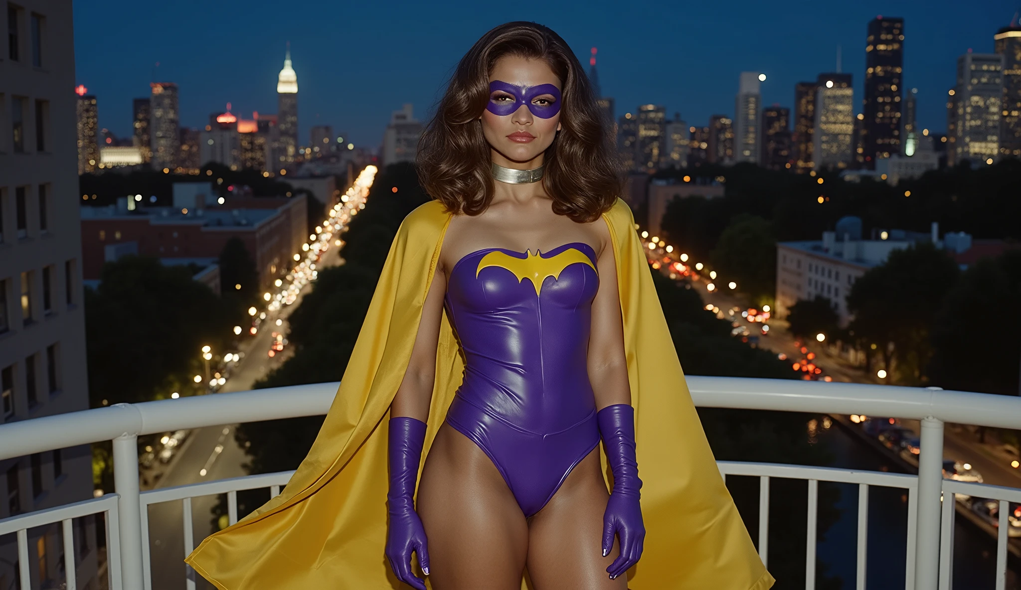 1950s Panavision 70 mm, low angle, wavy brown haired woman with a light-brown skin as batgirl in purple latex jumpsuit with yellow bat logo on her chest andpurple batgirl mask, batgirl has yellow cape and purple gloves, Batgirl perched on a fire escape with the city behind her.