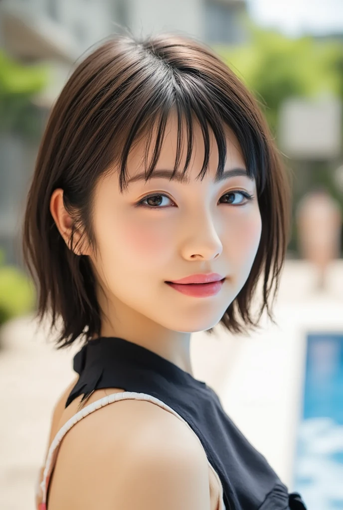 ((High-resolution imagery of a Japanese woman with large, round, expressive eyes; small, delicate nose; small mouth with thin upper lip.)) ((Hair styled in a straight short bob with black color.)) ((Not allowing any hair style other than a straight short bob or any hair color other than black.)) ((Slightly rounded oval face shape with a small facial structure; soft, feminine facial contour.)) ((Height of 156cm.)) ((Not allowing any height other than 156cm.)) ((Not allowing a large or broad facial structure.)) ((Not exhibiting Western facial features; avoiding blonde or curly hair; no tall or athletic physique.)) ((Appearing youthful with soft facial features; subtle sophistication in her smile.)) ((Not appearing too mature or stern; avoiding harsh or rigid facial expressions.)) ((Dressed in clothing other than student uniform, formal uniform, or formal attire.)) ((Background of the coastline.)) ((Not allowing any background other than the coastline.))