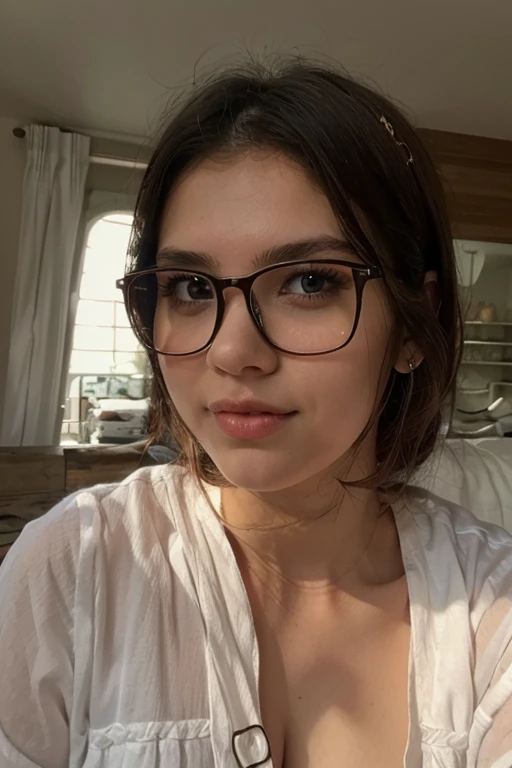 Diana Mora 25 year old Mexican girl with glasses and cute smile photo realistic gamer girl with adorable pajamas taking a selfie using a phone        
 !Phone sin que
