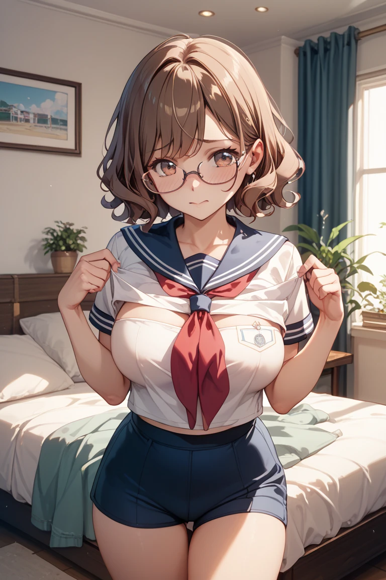 8k、masterpiece、Japanese、Woman wearing glasses、anise、from the front、smile、Childish、Big Breasts、Sheer School Swimsuit、night、Bedroom、Move the cloth between your legs to show