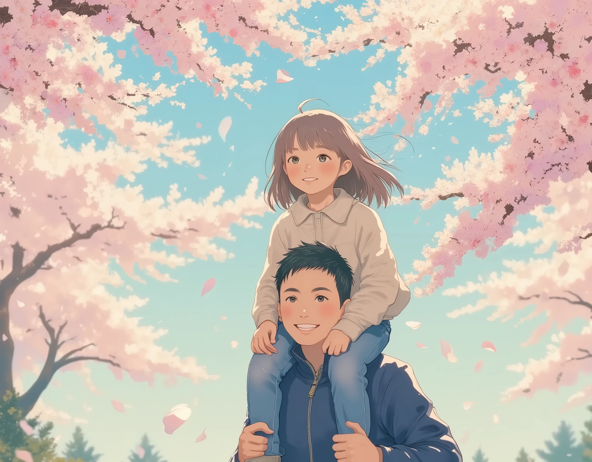 "A young father with short black hair and bright eyes, wearing a dark blue jacket, smiling happily while carrying his little daughter on his shoulders. The daughter has short brown hair, a light beige jacket, and blue jeans. She is looking at cherry blossoms in full bloom, excited and cheerful. The scene is set outdoors during spring, with pink cherry blossoms surrounding them. The background is softly blurred, creating a dreamy atmosphere. Anime-style, high detail, soft lighting, warm and pastel color palette, joyful and heartwarming mood."