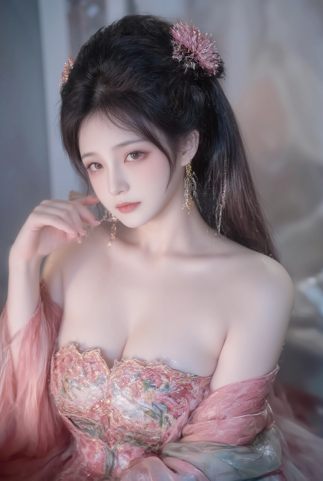 girl,solo,dress,earrings,jewelry,long hair,chinese clothes,cloud,ponytail,brown hair,looking at viewer,sky,china dress,brown eyes,hair ornament,black hair,hand up, sexy camisole, revealing thights and hip and groin, top quality, Masterpiece, Ultra High Resolution, High Definition RAW Color Photos , pro pics, natural skin texture, fine skin, hyperrealism, smiles,Earrings, gigantic breasts, BIG SLIT dress, camisole