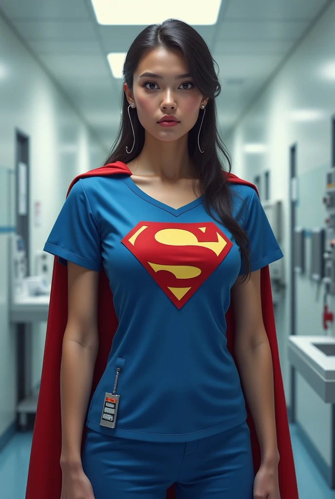 Design circular, t-shirt design, a grey and white painting of a hospital where there is a diverse female nurse staff member wearing a superman costume under their lab coat. The staff member is exhausted and burnout out and the image and tone should be depressed and muted. epic lighting, realistic, cinematographic, dark background, black and withe. –v 5.1 –stylize 500 –ar 3:4