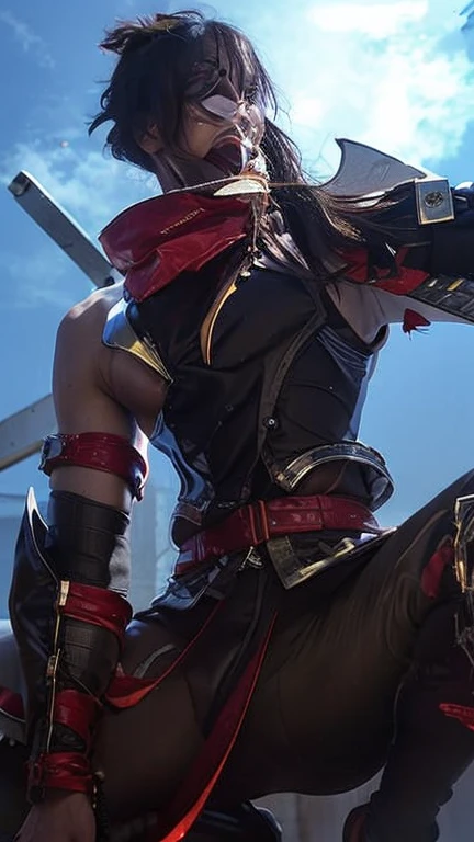 (masterpiece, best quality:1.1), thief (dq3), 1girl, solo, short hair, white hair, blue eyes, medium breasts, pink gloves, jewelry, pearl necklace, earrings, belt, sword, yellow breastplate, black bodysuit, bag, (coin, sword on hip:1.2), (dutch angle, dynamic pose, from side:1.3), (blue skies, nature:1.2)