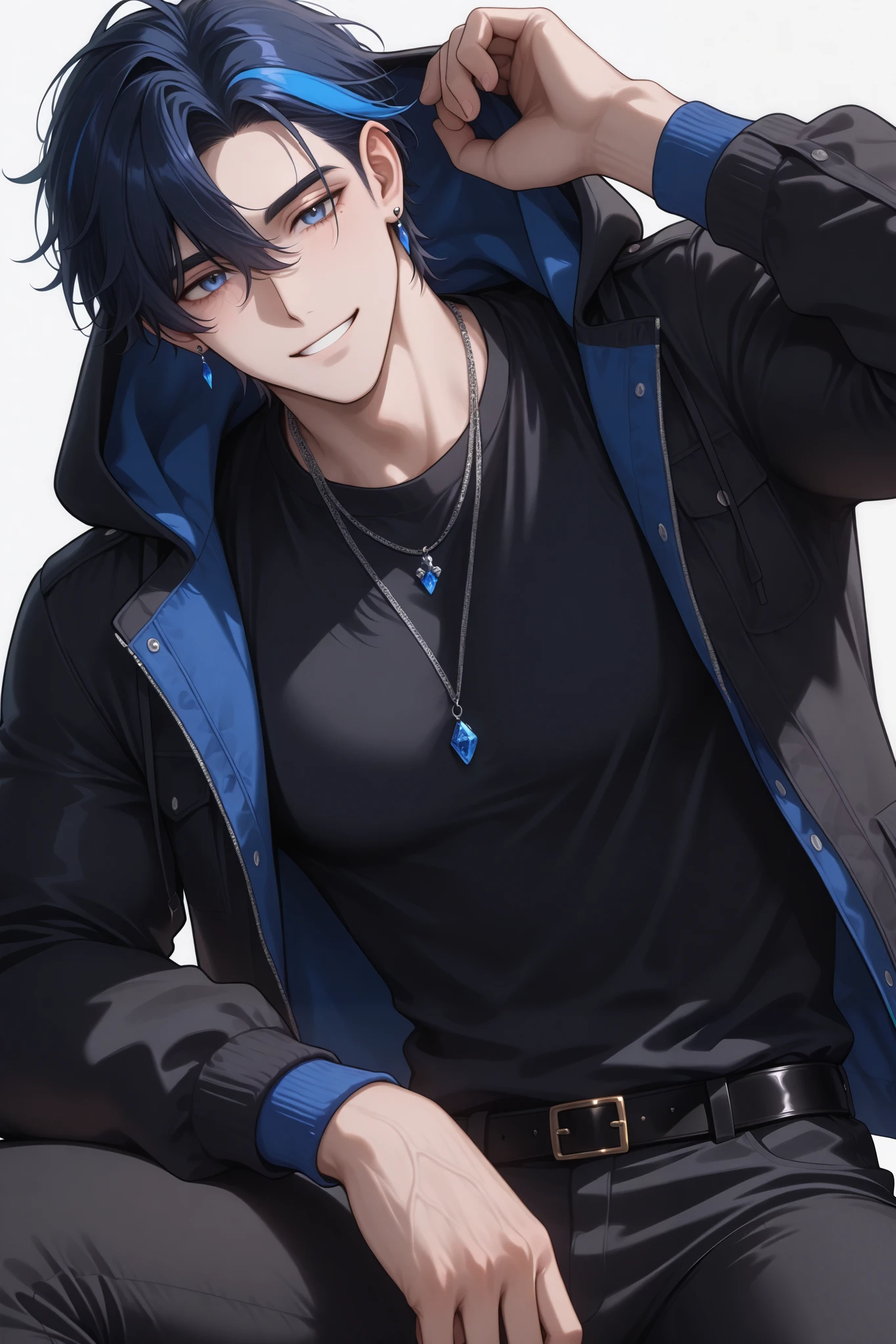 1 man, adult, solo, male focus, (streaked hair:1.5), dark blue hair, blue hair, short hair, blue eyes, cool large shirt, black shirt, necklaces, muscular, sexy man, handsome, solo, mature, handsome, sexy man, sensual, pale skin, lean, muscular, cool, high fashion, hoodie with a black jacket, black pants, smiling, white background